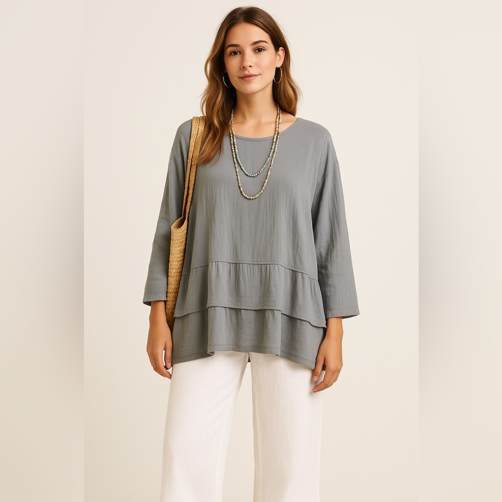Eucalyptus Guatemalen Hand Made Blue Cotton Layered Top Sz XL $49